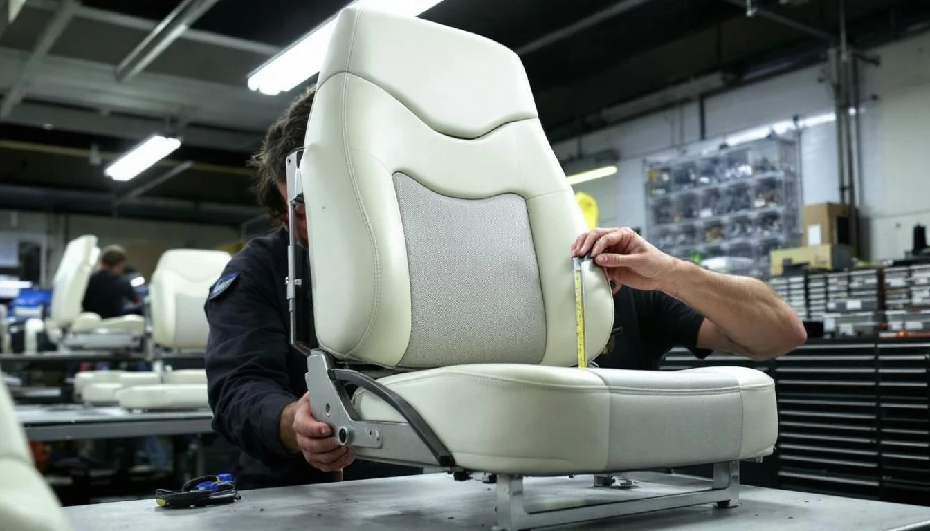 A technician in a service bay inspects a custom high-back golf cart seat assembly mounted on a test frame, examining sti