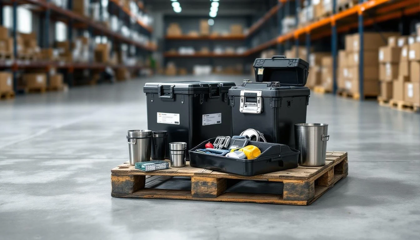 Overhead flat-lay of organized golf cart storage accessories arranged on a weathered industrial pallet in a climate-cont