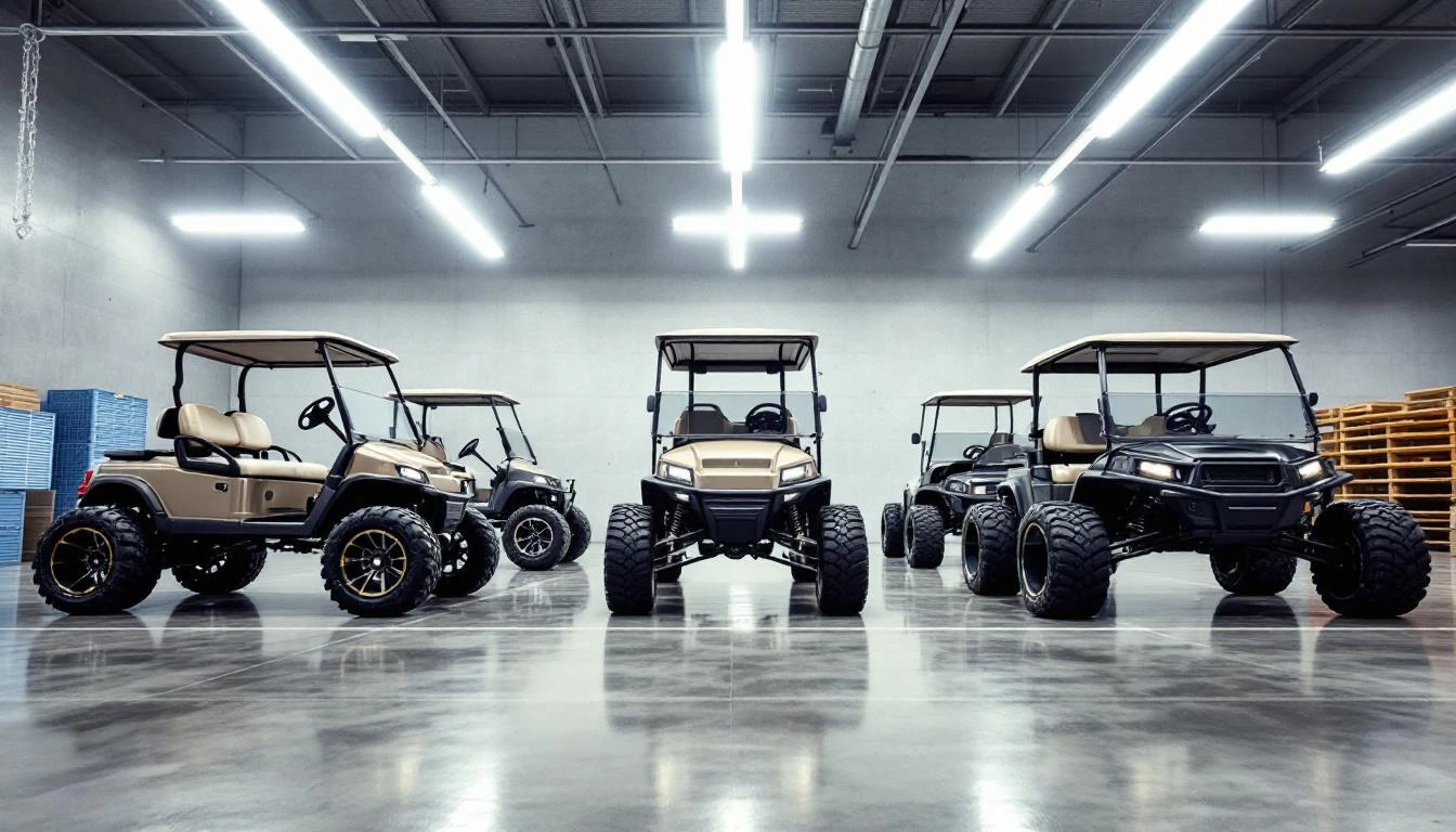 Wide shot of a modern golf cart dealership warehouse interior, showcasing three rows of lifted golf carts with varying s