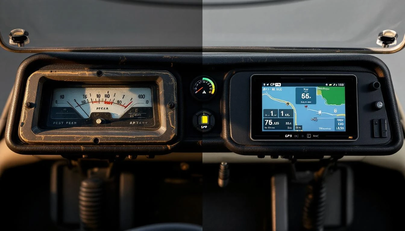 Split-screen comparison showing a vintage golf cart dashboard with basic analog speedometer and battery gauge on the lef