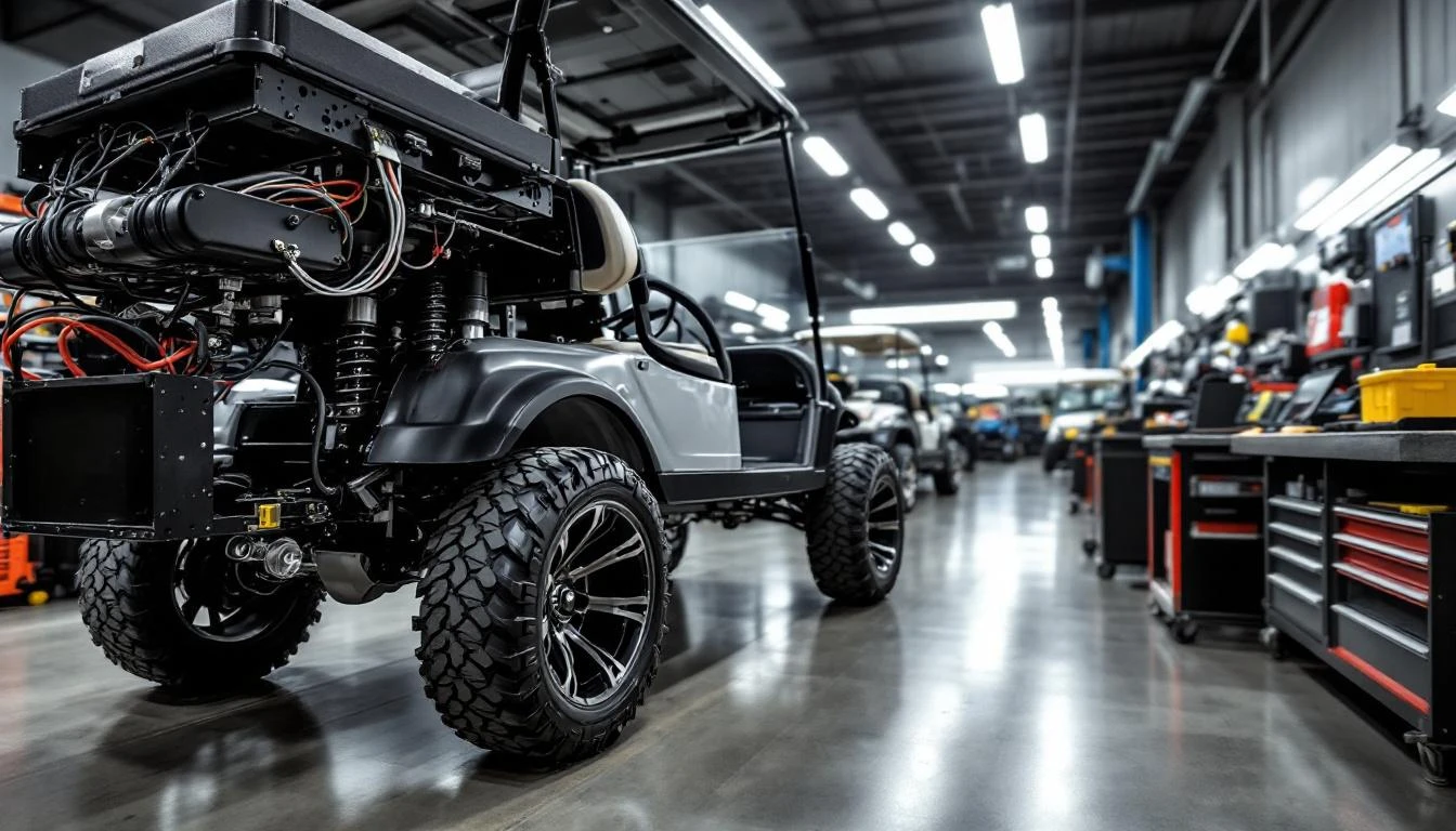 A professional golf cart customization bay photographed from a elevated side angle, showcasing a lifted Club Car undergo