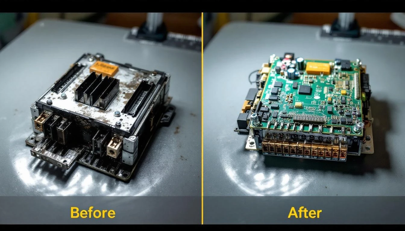 Split-screen comparison image showing a severely worn golf cart motor controller with corroded terminals and discolored 