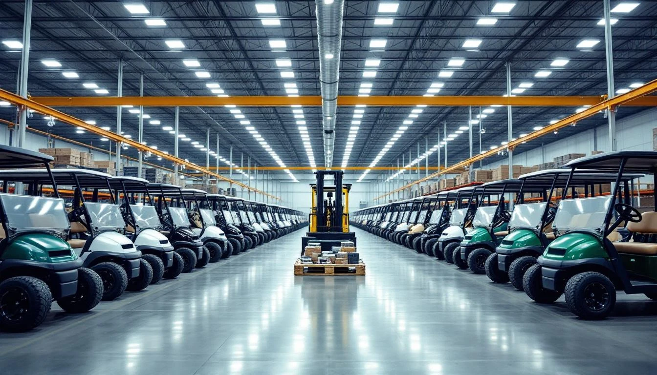 Low-angle perspective inside a sprawling distribution center capturing rows of golf carts aligned in formation, illumina