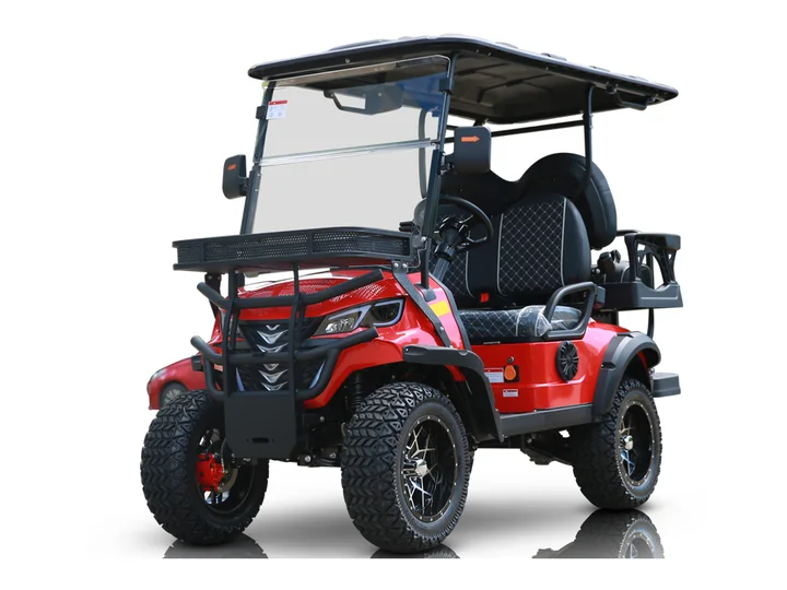 Electric 4-seat (2+2) lifted golf cart, red, with front basket and brush guard