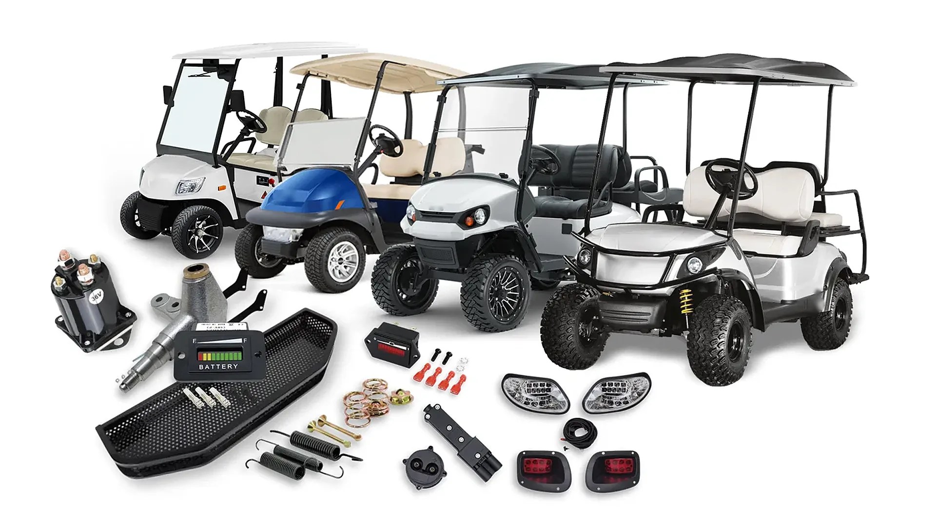 Electric golf carts with replacement parts — solenoid, spindle, battery meter, rear basket, springs, LED headlights and tail lights