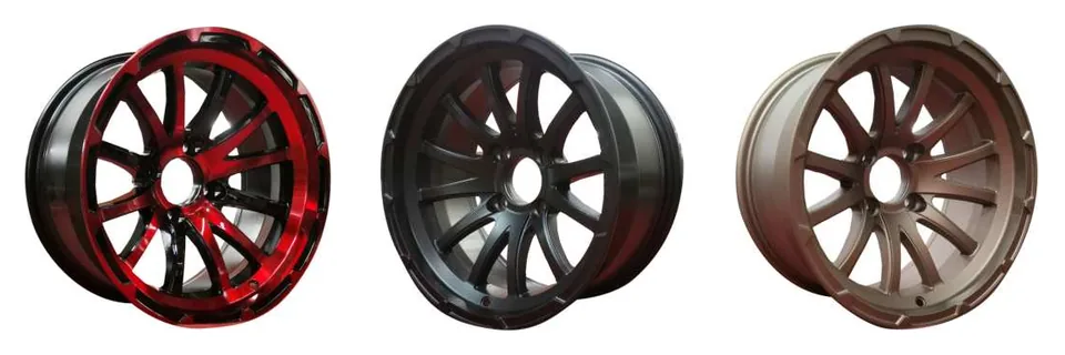 Golf cart wheel rim style 4 in red, black, gold